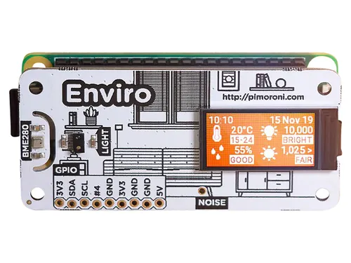 Enviro pHAT für Raspberry Pi - Sensorboard zur Innenraumüberwachung mit Temperatur, Druck, Feuchtigkeit, Licht und Lärmpegel. Ideal für Smart Home Anwendungen und Fernüberwachung.