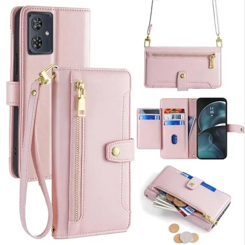 betterfon Hülle Kompatibel mit Motorola Moto G14 | Leder Handyhülle Praktische Handykette Kartenfächer Brieftasche Umhängetasche Kompatibel für Moto G14 | Rosa