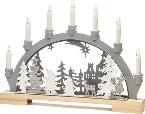 Weihnachtsleuchter 10 warmweiße LEDs grau/weiß - Weihnachtsbeleuchtung mit 10 warmweißen LEDs, stilvollem grauen Holzdesign und 6h-Timer für stimmungsvolle Festtagsdekoration im Innenbereich.