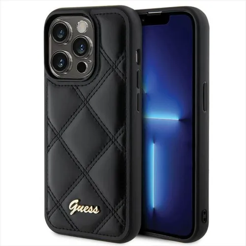 Guess Schutzhülle für Apple iPhone 15 Pro - Quilted Metal Logo Schwarz - Stylische Hardcover-Tasche für Apple iPhone 15 Pro, schützt Ihr Smartphone und verleiht ihm einen eleganten Look mit auffälligem Logo.