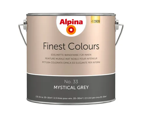 Alpina Finest Colours No. 33 Mystical Grey 2,5 Liter - Farben für Innenräume, konservierungsmittelfrei und ideal für sensible Bereiche mit hoher Reichweite von ca. 10 m² pro Liter.
