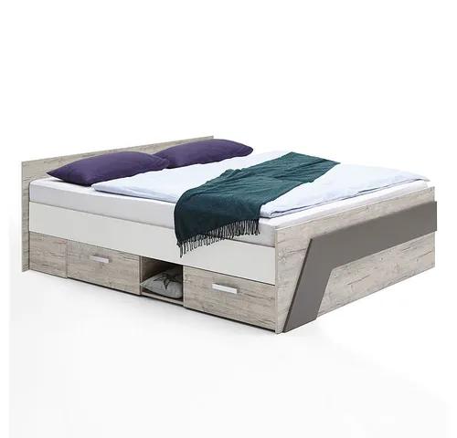 Lomadox Jugendbett LEEDS-10 - Stylisches Jugendbett in Sandeiche Nb. und Lava, ideal für 1-2 Personen. Mit 2 Schubkästen und offener Ablage, perfekt für Ordnung im Jugendzimmer. Made in Germany, einfache Montage!