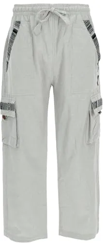 GURU SHOP Yogahose, Hellgraue Goa Hose im Ethnostyle für Herren - Yoga-Hosen für Herren, aus leichter Baumwolle mit elastischem Bund und einzigartigen nepalesischen Webbordüren für einen besonderen Look.