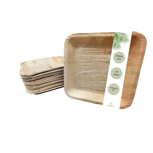 DeinPack 25 Palmblatt Teller eckig 24x24x3cm | Bio Einweggeschirr biologisch abbaubar | Partygeschirr | Einmalgeschirr | Wegwerfgeschirr | Snackschale | Teller kompostierbar
