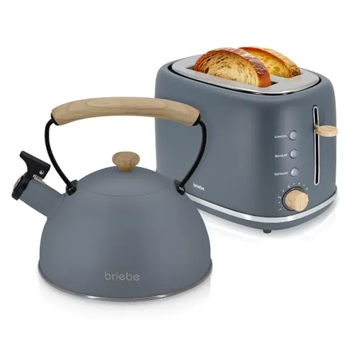 briebe Nordic Set Toaster 2 Scheiben mit Brötchenaufsatz und Wasserkocher 2,3L - NORDIC DESIGN FRÜHSTÜCKSSET: Stilvoller Toaster mit breiten Schlitzen für dicke Scheiben und Wasserkocher aus Edelstahl, ideal für Familien und perfekten Toast in wenigen Minuten.