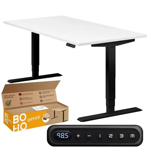 boho office® Elektrisch höhenverstellbarer Schreibtisch 140 x 80 cm - Schwarz/Weiß - Flexibel und sicher: Der elektrisch höhenverstellbare Schreibtisch mit 2 Motoren bietet leise Anpassung für ergonomisches Arbeiten. Inklusive Kindersicherung und stabiler Konstruktion für bis zu 120 kg. Ideal für alle Altersgruppen.