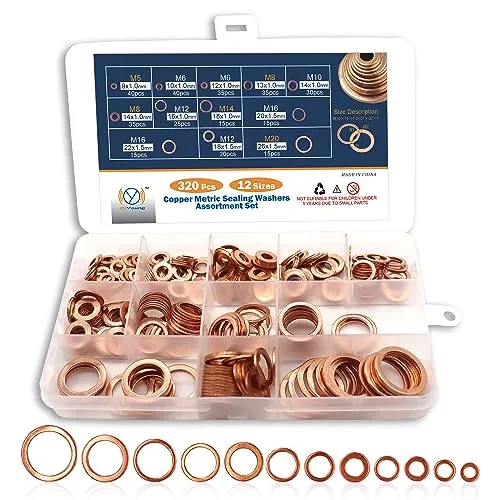 DIYoung 320pcs Kupferdichtringe Sortiment Flache Unterlegscheiben set Sicherungsscheiben Kupfer Geeignet für Automobile Schiffe Generatoren Maschinen und Geräte (M5-M20)