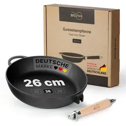 Premium Gusseisenpfanne 26 cm tief mit abnehmbarem Holzgriff – vielseitig und langlebig - Entdecken Sie die Premium Gusseisenpfanne 26 cm, ideal für alle Herdarten. Ihr abnehmbarer Holzgriff sorgt für flexibles Kochen und die natürliche Antihaftwirkung garantiert perfekte Bratergebnisse.