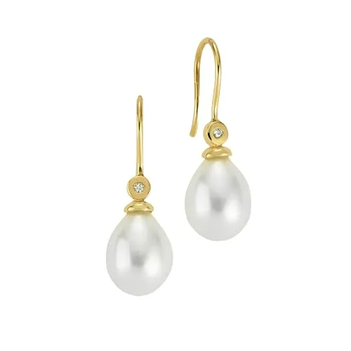 Gold 14 Karat Perlen-Ohrringe Ohrhänger mit Perlen Ohrschmuck 585 Gold und einem kleinen Diamant/Brillant für Damen - Made in Germany