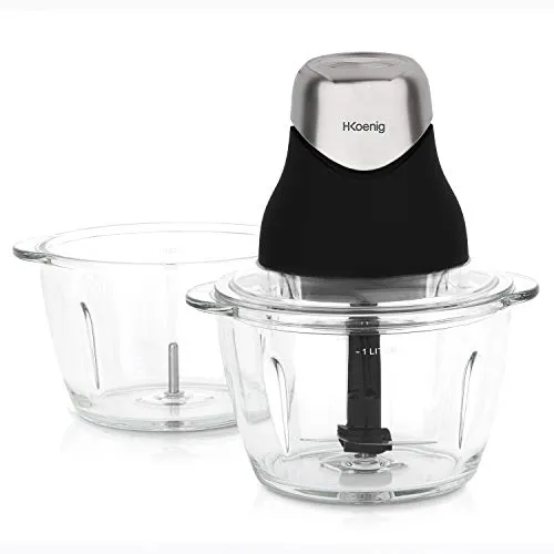 H.Koenig Multi-Zerkleinerer LEO9 - Mini-Standmixer mit 320 W, Edelstahlklingen und 2 Glasbehältern, ideal zum schnellen Zerkleinern von Gemüse, Zwiebeln und Nüssen.
