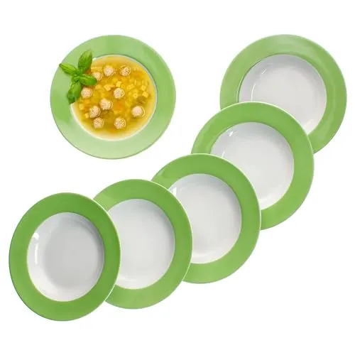 MamboCat 6er Set Variant Grün Suppenteller I farbige Tiefe Porzellan-Teller für 6 Personen I Bunte runde Teller Salat, Suppe, Müsli, Pasta & Co. beim Frühstück, Mittag & Abendbrot
