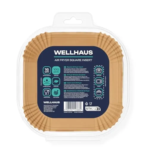 Wellhaus Backpapier für Heißluftfritteuse, 50 Stück Quadrat 16x16 cm Air fryer Backpapier Antihaft Einwegschalen Luftfritteuse Pergamentpapier Kompatibel mit Philips Airfryer (50, 16x16 cm)