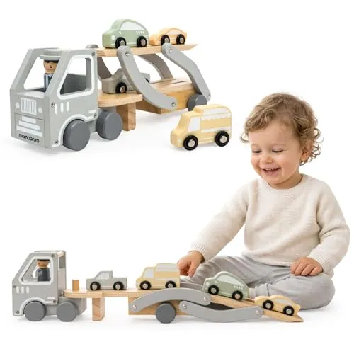 Mamabrum Holz Lavette mit Auto für Kinder LKW mit Anhänger und Rampe Set 4 Autos Pädagogisches Spielzeug Fahrzeugtransport