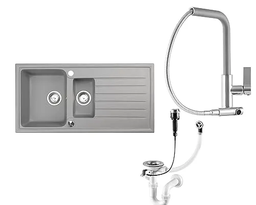 Granitspüle 100x50 cm mit 2 Becken und Abtropffläche - Abtropfhalter & -ständer, hochwertige Granitspüle in elegantem Grau, inklusive Zubehör-Set für optimale Funktionalität in Ihrer Küche.