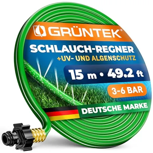 Grüntek 15m Beregnungsschlauch - Gartenschlauch für Flächen von 4-5 qm, ultra-flexibel und ideal für präzise Bewässerung im Garten. Inklusive 3 Verbindungsstücken aus Plastik.