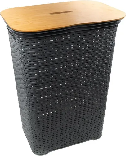hrb Wäschebox Wäschekorb mit Bambus Deckel, Wäschesammler, Wäscheaufbewahrung, 65 Liter Volumen, schicker Bambusdeckel, Feuchtigkeitsresistent