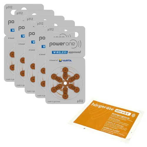 30x Power One Hörgerätebatterien -P312 braun PR41- (5x6er Bl.)+Reinigungstuch