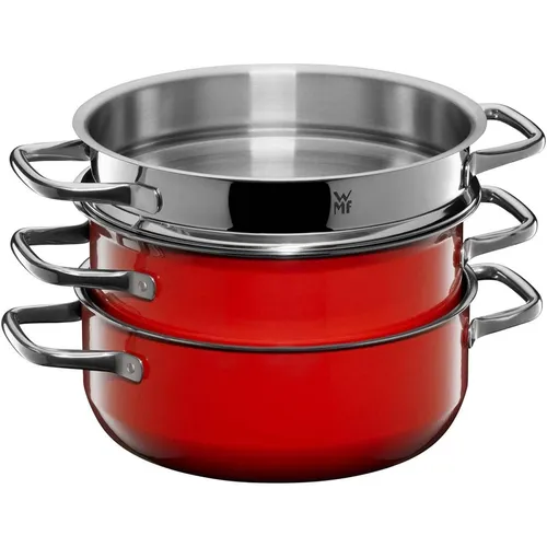 WMF TOPF SET FT COMPACT RED 3TLG - 3-teiliges Kochtopfset aus Edelstahl, ideal für Induktions- und Gasherde. Mit kratzfester Oberfläche und isoliertem Griff für sicheres Kochen.