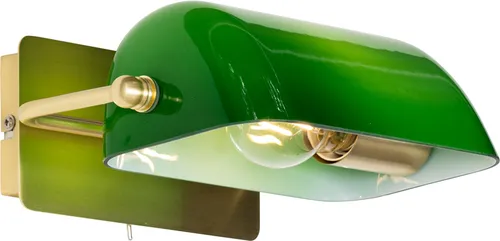 Qazqa Antik Wandleuchte aus Messing mit grünem Glas – Klassische Bankerleuchte für Wohnzimmer und Schlafzimmer - Elegante Wandleuchte mit E27 Fassung, dimmbar (Dimmer nicht enthalten). Ideal für stilvolle Innenräume wie Esszimmer, Büro und Flur. Mit geprüftem Design für eine ansprechende Atmosphäre.