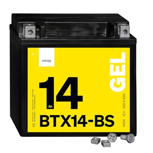Denagi 51214 GEL BTX14-BS Motorradbatterie 12V 14Ah, Ersetzt YTX14-BS, wartungsfrei versiegelt vorgeladen