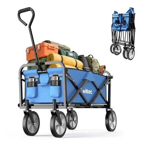 Wiltec Faltbarer Bollerwagen Blau - Offroad geeignet - Bollerwagen mit robusten Kunststoffreifen, ideal für Ausflüge und Einkäufe. Faltbares Design für einfachen Transport und Platzersparnis, Tragfähigkeit bis 68 kg.