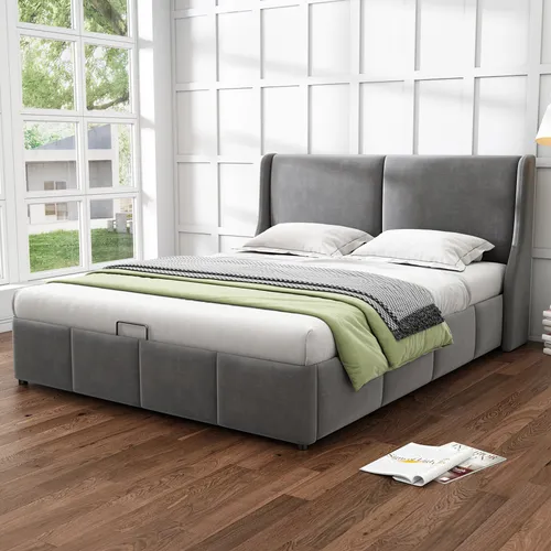 STILVORA Doppelbett 160x200cm Polsterbetten hydraulisches Funktionsbett Jugendbett mit Stauraum und Rückenlehne,Grau (ohne Matratze)