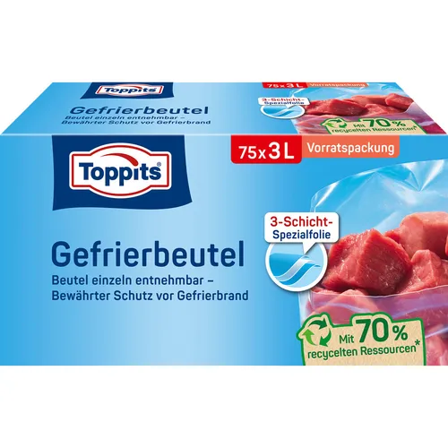 Toppits 75 Gefrierbeutel 3,0 l - Praktische Aufbewahrungslösung - 75 hochwertige Gefrierbeutel (3,0 l) für eine sichere und platzsparende Lagerung von Lebensmitteln. Ideal für die langfristige Frische und den Schutz vor Gefrierbrand.