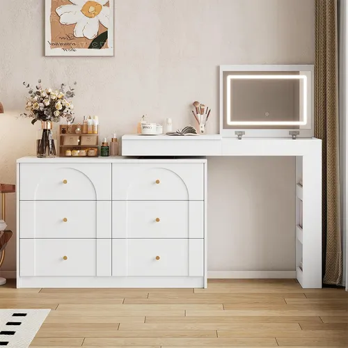 Konsolentisch mit LED-Beleuchtung Drehbarer Schminktisch Kosmetiktisch Bürotisch 105×40×80cm Weiß