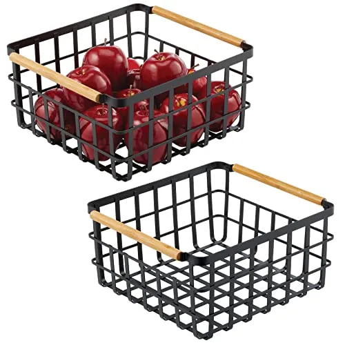 mDesign Allzweckkorb aus Metall – 2er-Set mit Bambusgriffen in schwarz von MDESIGN