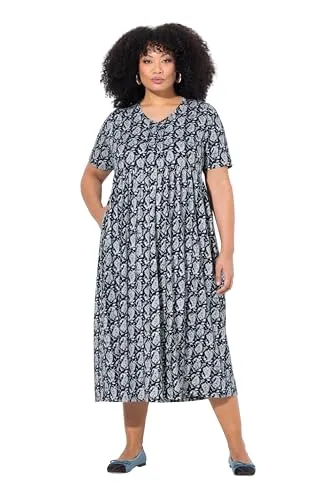 Ulla Popken Damen große Größen Übergrößen Plus Size Maxikleid, A-Linie, V-Ausschnitt, Halbarm, Taschen Marine 50+ 839648130-50+