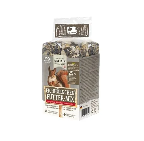 DELICIA® Eichhörnchen FutterMix (350g) · Eichhörnchen Futter mit Nüssen, Früchten & Kernen · Ganzjahresfutter für Winter & Sommer · Streufutter für Nagetiere · 100% Natürlich