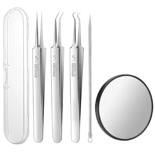 JDXun 5-teiliges Edelstahl Mitesserentferner Set, 3 Stücke Mitesser Pinzette, Pickel Ausdrücken Werkzeug-Set mit Box für Entfernung von Mitessern auf Nase und Gesicht Unisex (1*Spiegel)