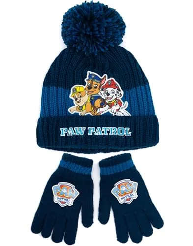 PAW PATROL Jungen Mütze & Handschuhe Set | Kinder Chase Rumble Marshall Grafik Strick-Winter-Set | Einheitsgröße Blaue Strick-Winter-Bommelmütze & Handschuhe | TV-Show Merchandise Bekleidung Geschenk
