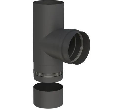 Feuercampus Ofenrohr Pelletofenrohr T-Stück 90° Ø80mm Kondensatschale Abg. Muffe Schwarz, 80 mm