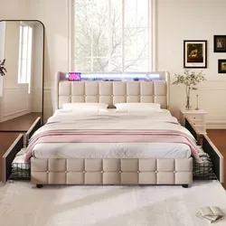 Flieks Polsterbett mit LED-Beleuchtung 160x200cm - Stylisches Doppelbett in Beige mit LED-Beleuchtung, Ladefunktion und 4 praktischen Schubladen für optimalen Stauraum.