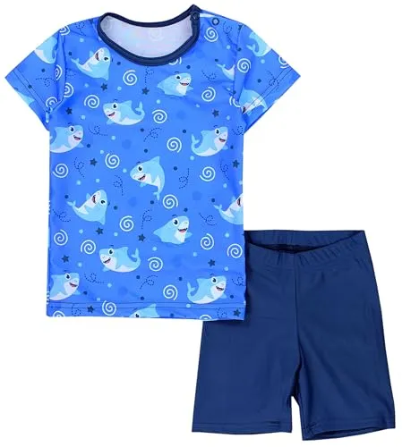 Aquarti Baby Jungen Bade-Set Zweiteiliger Kinder Badeanzug T-Shirt Badehose UV-Schutz, Farbe: Haie Blau Dunkelblau, Größe: 92