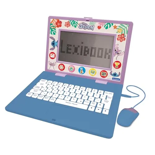 LEXIBOOK, Disney Stitch, zweisprachiger und pädagogischer Laptop ENGLISCH/FRANZÖSISCH, Spielzeug für Kinder, 170 Aktivitäten zum Lernen, Spielen und Musik, großer Bildschirm, Blau/Lila, JC599Di1
