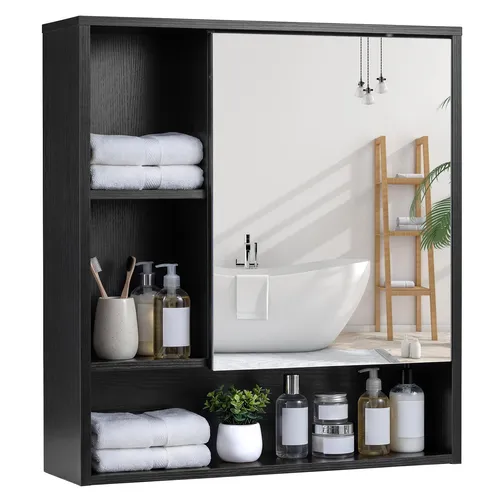 COSTWAY Spiegelschrank mit Spiegeltür und 3 offenen Regalen - Praktischer Badezimmerschrank mit großzügigem Stauraum: geschlossener Schrank und 3 offene Fächer für Handtücher und Pflegeprodukte. Modernes Design und vielseitig einsetzbar, ideal für Bad, Flur oder Waschküche.