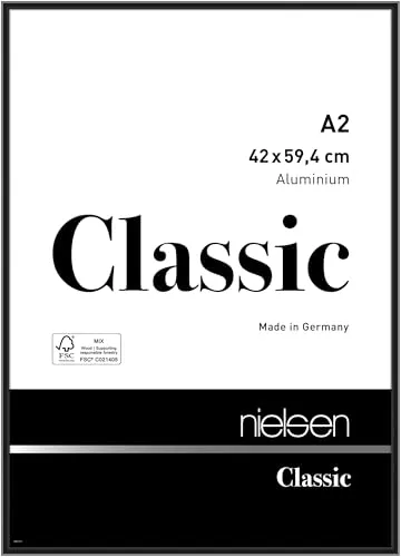 nielsen Bilderrahmen A2, Aluminium Schwarz glanz - Hochwertiger Bilderrahmen für Poster im Format A2, aus stabilem Aluminium, mit Echtglas und einfacher Montage im Hoch- und Querformat.