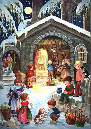 Nostalgischer Adventskalender/Weihnachtskalender für Kinder und Erwachsene mit Bildern und Glimmer 