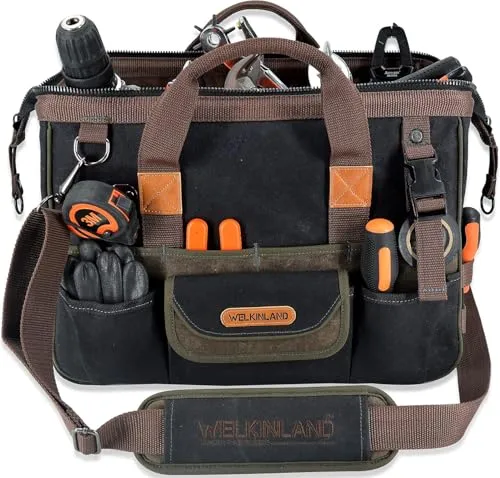 WELKINLAND Werkzeugtasche aus gewachstem Segeltuch – 32 Taschen, 40,6 cm, ideal für Elektriker und HVAC-Profi