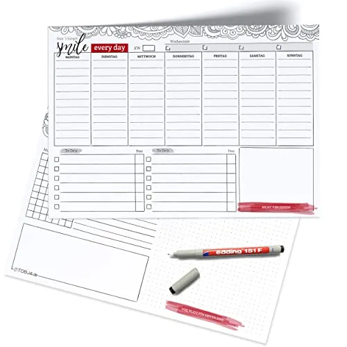Wochenplaner abwischbar inkl. Stift - Terminplaner ohne Datum zum feucht abwischen und wiederverwenden | Beidseitig Weekly Ziele setzen, to do listen block & Merkliste (Blatt abwischbar)