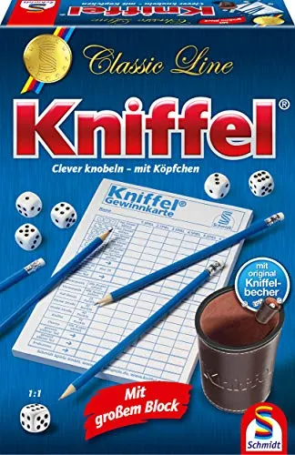 Schmidt Spiele 49203 Kniffel Classic Line - Ultimate Würfelspiel für 2-8 Spieler, mit großem Block und original Kniffelbecher, ideal für Familien und Freunde