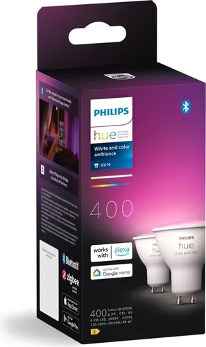 Philips Hue Ambiance GU10 400 LED Lampe - Doppelpack - Energiesparlampen mit Farbwechsel und dimmbarer Funktion, ideal für stimmungsvolle Beleuchtung. Lebensdauer von bis zu 19.999 Stunden.