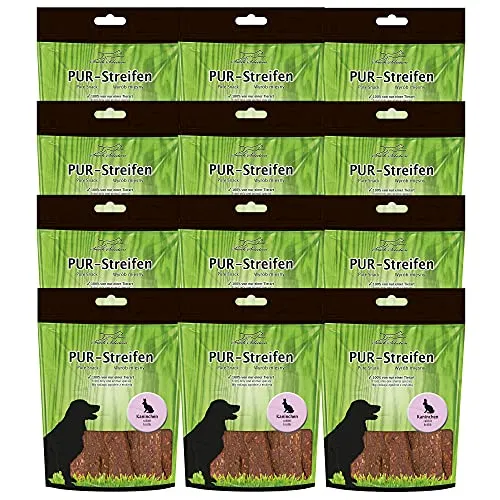 Schecker 12x100g - PUR Kaustreifen vom Kaninchen - getrocknet - weich - gut teilbar - getreidefreies Hundeleckerli
