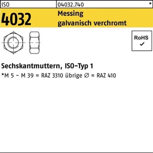 100er PACK(Stk) BUFAB 004032706500040000 Sechskantmutter ISO 4032 M 4 Messing ga