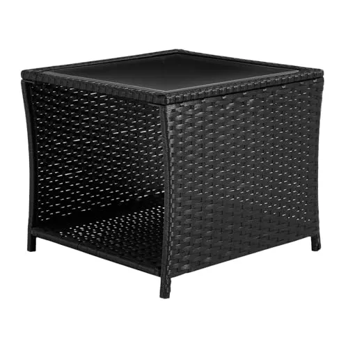 WOLTU Polyrattan Gartentisch, 45x40x45 cm, Beistelltisch mit Glasplatte offenem Fach, Balkontisch wetterfest, Terrassentisch, Outdoor Tisch, Schwarz