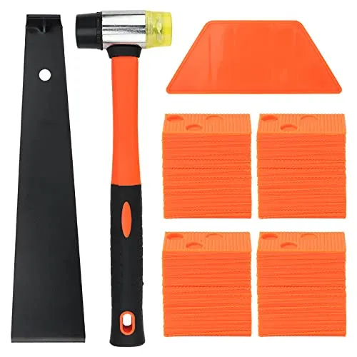 NGOSUET 63 tlg. Laminat Holzfußboden Installations Set, Laminatboden Set, Vinyl Laminat Verlegeset mit 60 x Montagekeile, 1x Schlagklotz, 1x Zugeisen, 1x Hammer für Laminat Verlegen