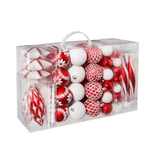 Deco Woerner Kunststoff Weihnachtskugeln Christbaumkugeln Set 100 Stück rot 3-6 cm Ø & 3-14 cm inkl. Metall-Aufhänger Weihnachtsschmuck Baumschmuck Christbaumschmuck Glänzend & Glitzer
