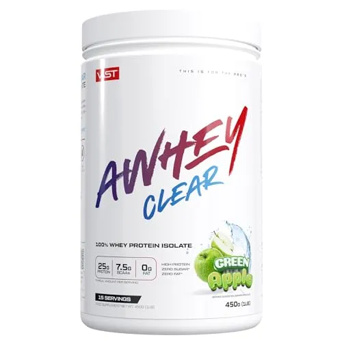 AWHEY Clear – 100% Whey Protein Isolate – Erfrischender Proteindrink mit 85g Protein pro 100g – Fettfrei, Glutenfrei, Laktosfrei – 15 Portionen – 450g (Green Apple, 450 g)
